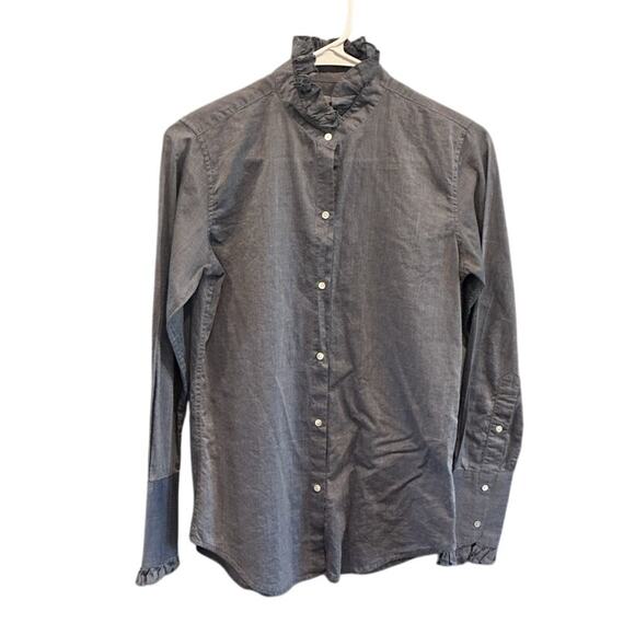 Nili Lotan Womens Chambray Ruffle Collar Shirt Size XS Blue Classic Preppy Work - Picture 1 of 11